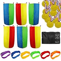 Potato Sack Race Bags - Outdoor Games for Kids and Adults, Includes 6 Pack Potato Sack Race Bags, 6 Pack 3 Legged Race Bands, 12 Pack Plastic Gold Prize Medals and 1 Storage Bag