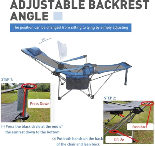Reclining Camping Chair with Removable Footrest, Adjustable Camping Lounge Beach Chair with Padded Headrest, Cup Holder & Carry Bag, Camp Chair with Foot Rest Lawn Chairs for Camp, Fishing,Office
