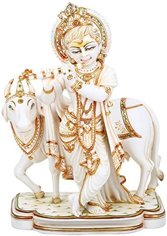 SHIVIKA Marble Dust Idol of Lord Krishna Geeta Preacher Adored by Beautiful Jewellary Playing Flute with Kamdhenu Cow Love Symbol(15X20X31 cm, Multicolor)