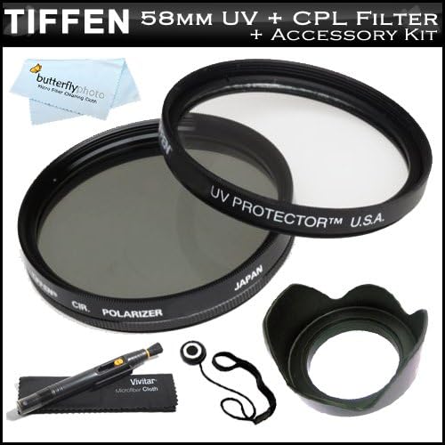 Tiffen 58mm Circular Polarizer Filter (CPL) + Tiffen 58mm UV Protection Filter For Canon MP-E 65mm f/2.8 1-5X Macro Lens (2540A002) For Canon DSLR Cameras + 58mm Lens Hood + Lens Cap Keeper + Lens Pen Cleaning Kit + MicroFiber Cleaning Cloth