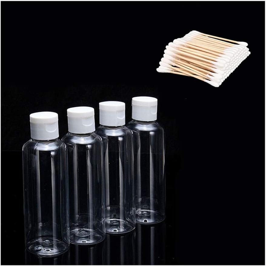 ISKYBOB Personal Health Care Beauty Set - 4 Pieces of 100ml PET Clear Empty Travel Lotion Liquid Container + 140 Makeup Disposable Double Tip Cotton Swabs