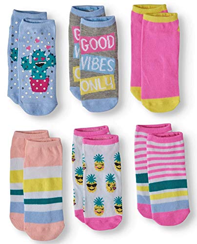 Wonder NationGirl's No Show 6 Pair Pack Socks Sequined Happy Cactus & Other Bright Colored Designs Size Large Shoe Size 4-10