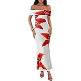 MEROKEETY Women's Spring Off Shoulder Floral Maxi Dress 2026 Summer Formal Beach Wedding Guest Cocktail Bodycon Dresses