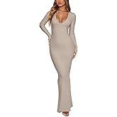 REORIA Women's Maxi Dress Formal Long Sleeve Wedding Guest V Neck Flowy Fishtail Long Dresses Cocktail Night Out Fall Outfits