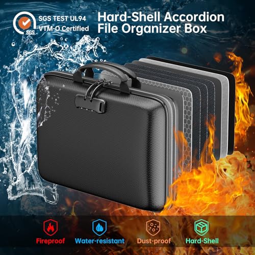 PFUTURE Fireproof File Organizer with Lock, Hard Shell Document Box with 13 Pocket Accordion Folder, Portable Fireproof Storage Case for Important Documents, Laptop, Home Office, Travel – Black