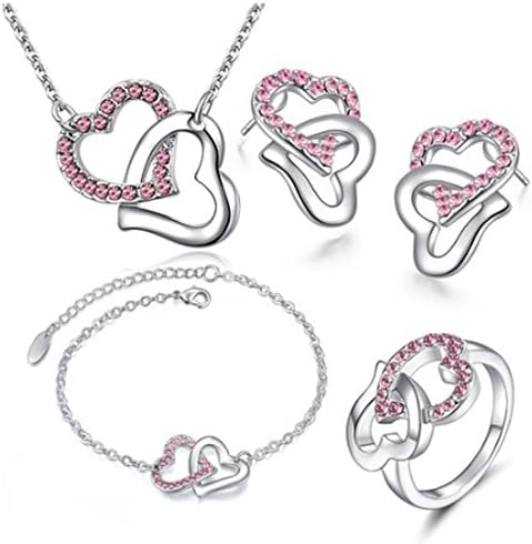 MAFMO Fashion Rhinestone Double Heart Jewelry Set 4pcs Necklace Bracelet Ring Earrings