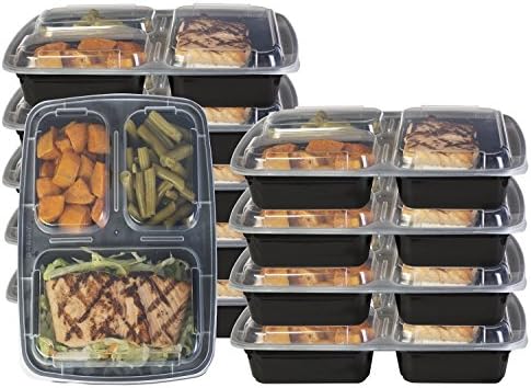 Glomery 3 Compartment Reusable Bento Lunch and Food Storage Container with Airtight Lid, Stackable, Microwavable, Freezer &amp; Dishwasher Safe 14 Pack