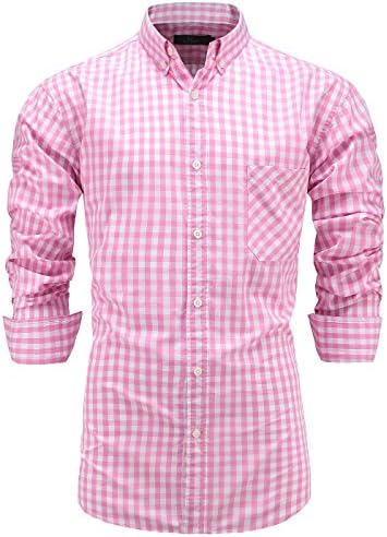 Emiqude Men's 100% Cotton Regular Fit Long Sleeve Button Down Plaid Dress Shirt