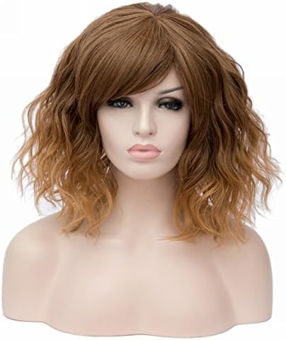 Women's Short Curly Wig 14 Inches Bob Wigs with Fringe for Women Cosplay Party Fancy Dress, Brown