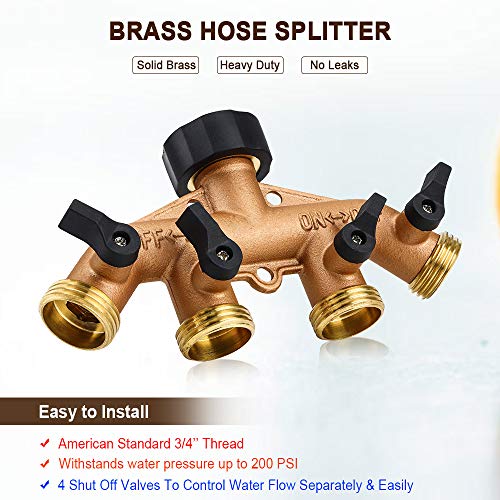 OneBom Hose Splitter 3/4 Inch, Solid Brass Pipe Connector,Garden Hose Distributor Heavy Duty (4 Way) - Thumbnail 2