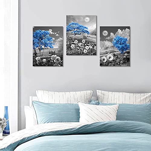 Blue Tree Canvas Wall Art For Living Room Dining Family Office Bedroom Over Bed Modern Black And White Dandelion Rose Daisy Moon Nature Pictures Decor For Home Artwork Painting 12