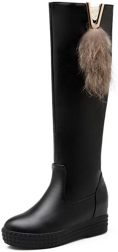 AmoonyFashion Women's Solid Round Closed Toe Blend Materials PU Knee-high Boots