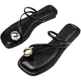 HDFDB Women'S Leather Strappy Flat Metal Toe Ring Sandals Fashionable Square Open Toe Low Block Heel Slip-On Clip Toe Slide Sandals Casual Summer Beach Slipper
