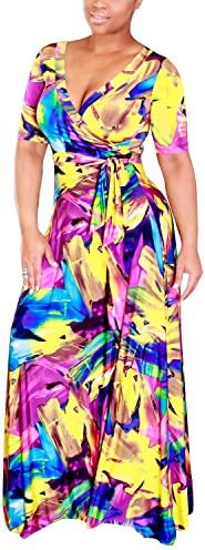 Wordbuy Women's Deep V-Neck Short Sleeve Digital Printed Evening Dress with Belt