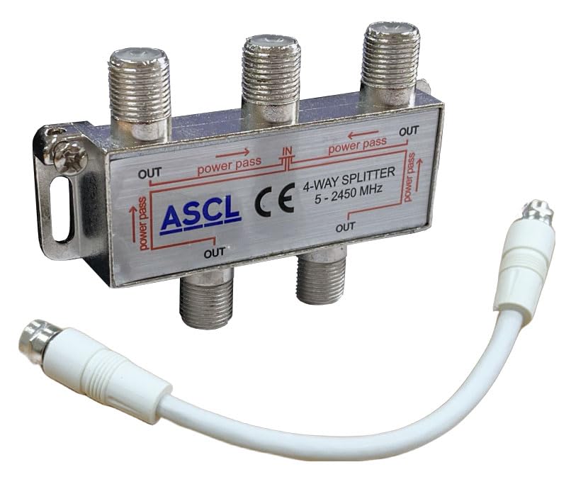 ASCL 1 in 4 Output TV Aerial Coaxial Cable 4 Way Splitter with White F Plug Connector Patch Cable