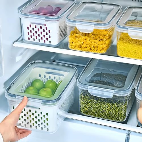 Kit 3 Potes Organizadores de Geladeira Hermético com Trava nas Tampas Borracha Isolante e Cesto de Escorrer Removível - Organizador de Frutas Legumes Saladas - Sem BPA - Qualidade Premium - Shop100
