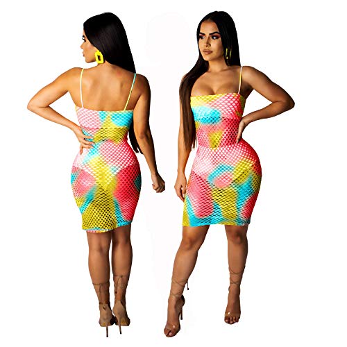 Women's Sexy Spaghetti Straps Swimsuits Bodycon Mesh Bikini Cover Ups Swimwear See Through (Large, Red Yellow1) - Thumbnail 4