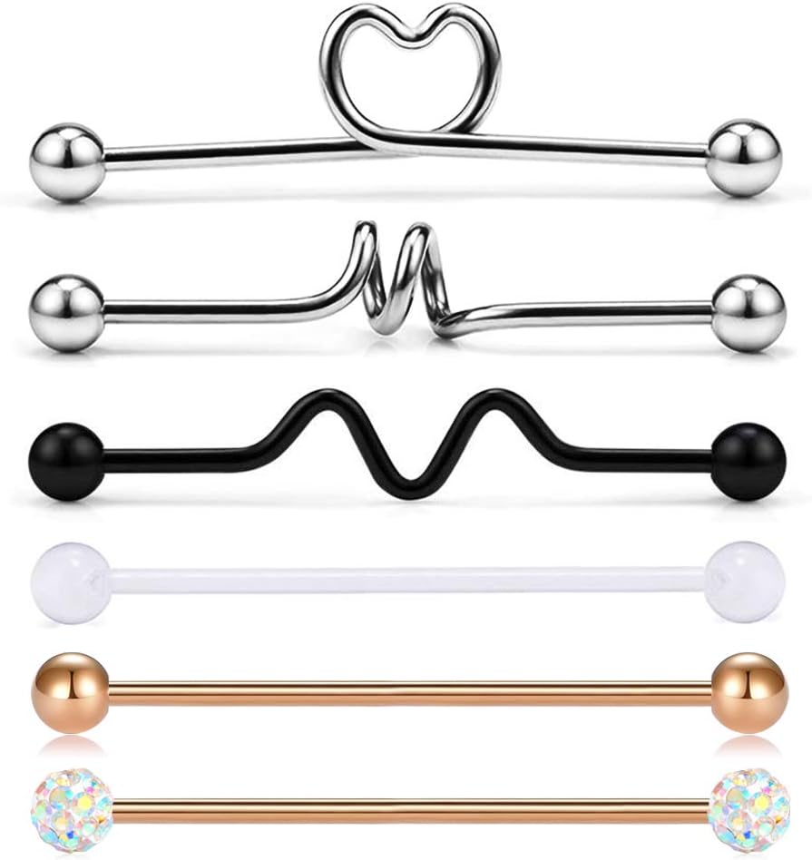 6PCS 14G Stainless Steel & Clear Acrylic Industrial Barbell Cartilage Earring Body Piercing Jewelry 1 1/2(38mm)