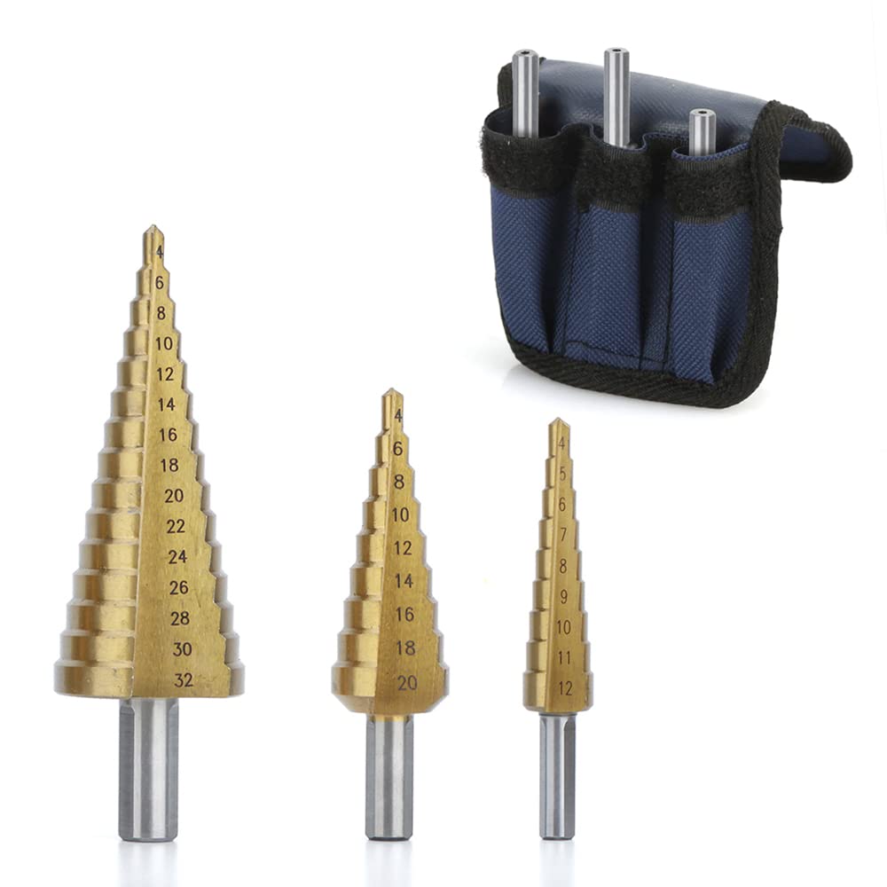 3 Piece HSS Step Drill Set Hex Shank Step Drill Cone Drill Metal Drill Bit Set 4-12mm/4-20mm/4-32mm