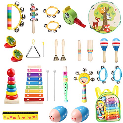 Kids Musical Instruments, 27 Pcs Wooden Percussion Musical Instruments Set Tambourine Xylophone for Kids, Musical Instruments for Boys and Girls with Storage Backpack - Thumbnail 7
