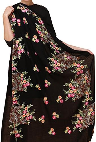 TLIH Women's Delicate Embroidered Soft Extra-Large Wool Scarf Wrap Shawl Black