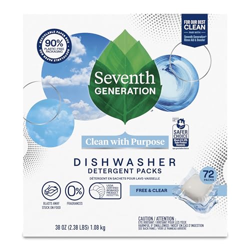 SEVENTH GENERATION DISHWASHER DETERGENT PACKS FOR SPARKLING DISHES FREE & CLEAR DISHWASHER TABS (72 COUNT)