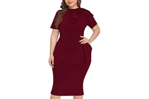 WANMEM Plus Size Dress for Curvy Women Semi Formal Cocktail Party Midi Dress Bodycon Short Sleeve Bow Ruffle Pencil Dresses