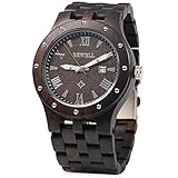 GBlife Bewell W109A Men Wooden Quartz Watch Round Dial Analog Handmade Wood Wristwatch (Ebony)