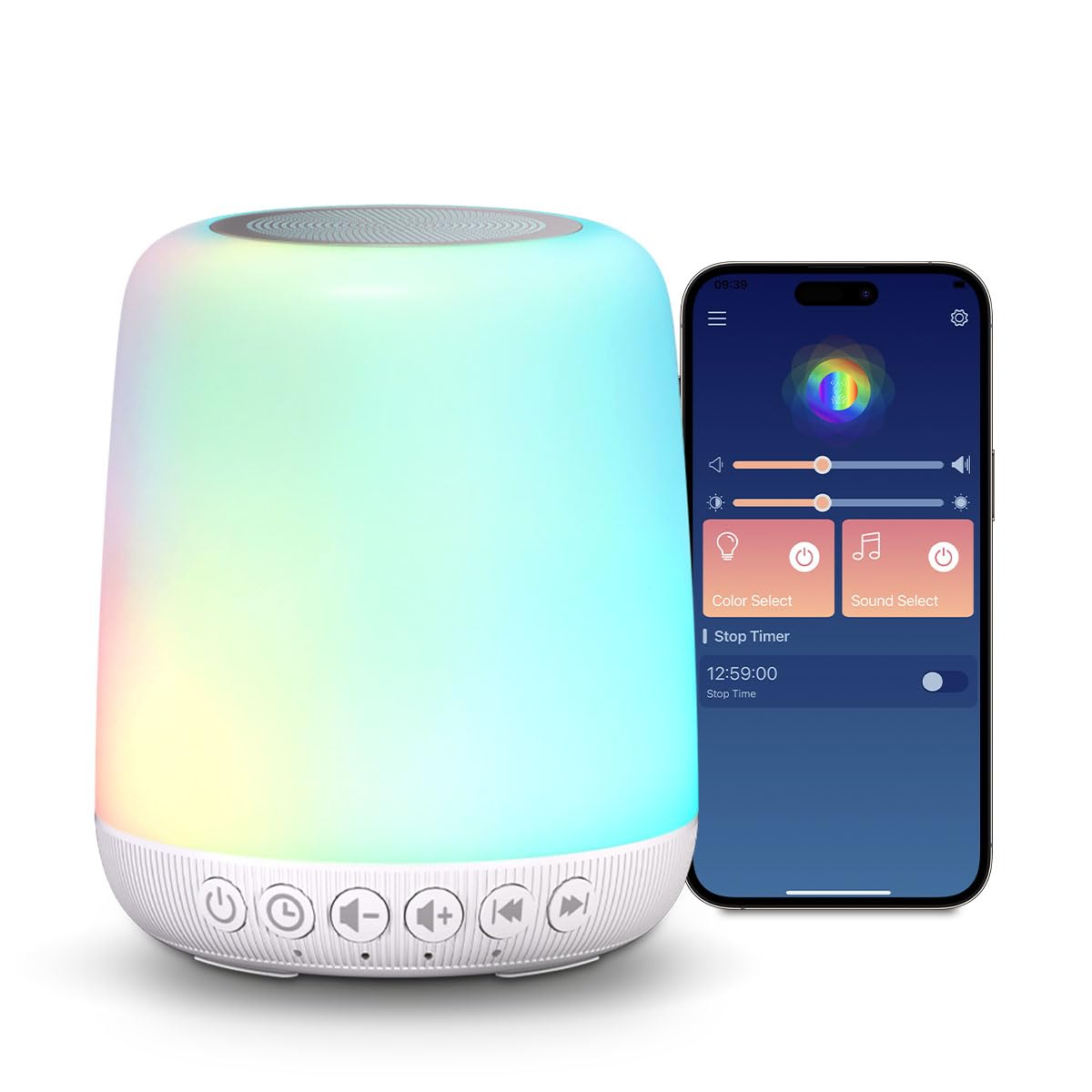 White Noise Sound Machine for Sleep Portable Sound Machine with 30 Soothing Sounds 12 Night Light Colors 4 Timer Sleep Machine for Baby Adults, Smart App Control, Touch Control Image