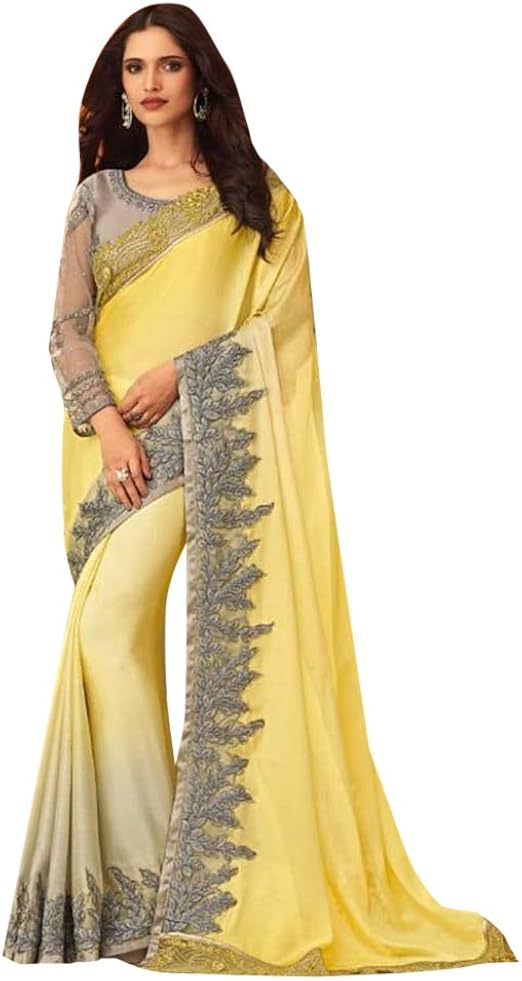 yellow party wear saree