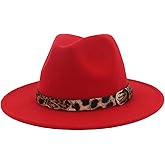 UPSTORE Womens Felt Fedora Hat Classic Wide Brim Panama Hat with Leopard Belt Buckle (Red)