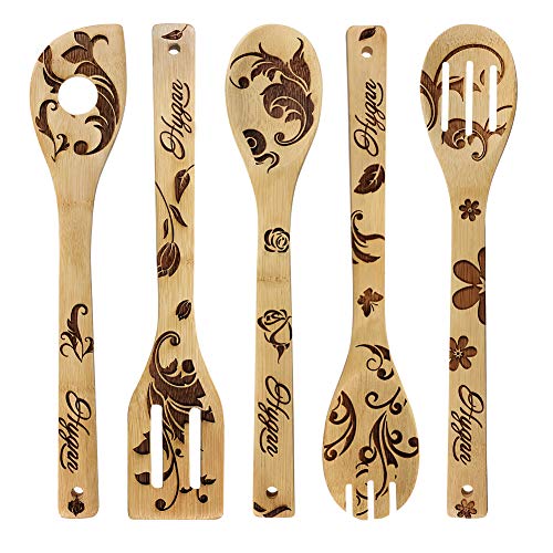 Carving Flower Spoons - Organic Wooden Bamboo Cooking & Serving Utensils - Kitchen Utensils Set Cooking Tool Set - Cooking Spatula And Spoons 5 Piece Set Wooden Spoons House Warming Presents