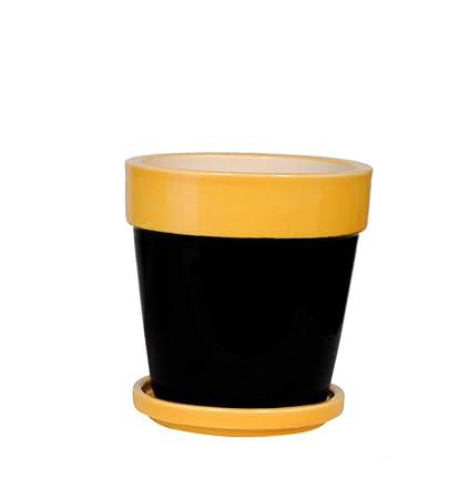 Keramiks Decorative Ceramic Plant Pot/Flower Pot/Planter with Coaster (Dimensions: H: 10.75 cm & Dia: 10.75 cm) (Black & Yellow)