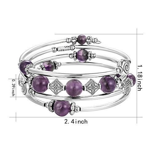 Beaded Bangle Wrap Amethyst Bracelet - Fashion Bohemian Jewelry Multilayer Charm Bracelet with Thick Silver Metal Beads for Women Girls Gifts (Purple)