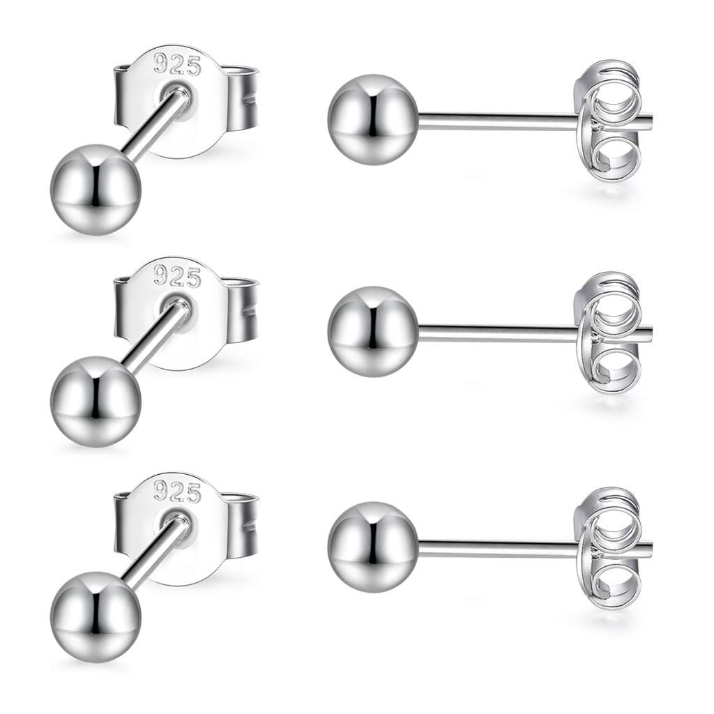 CERSLIMO Silver Stud Earrings for Women Men Girls, 3 Pairs Sterling Silver Tiny Ball Stud Earrings Small Dot Studs Dainty Cartilage Tragus Sleeper Earrings Set (4mm, Silver)