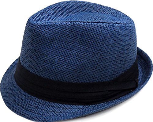 AshopZ Unisex Summer Outdoors Short Brim Straw Fedora Hat,Navy SM