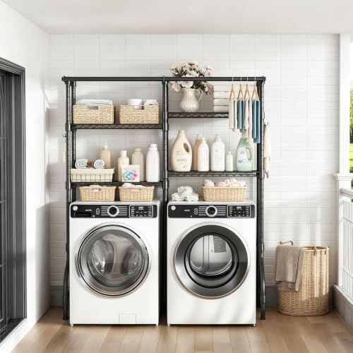 Kisfam Mueble para Lavadora y Secadora, Estante Organizador de Lavandería de 4 Niveles, Estructura Metálica Independiente con Tendedero, 170 cm Ancho x 50cm Fondo x 197 cm Alto