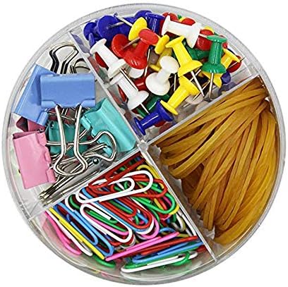 Office Supply Set Kit Pushpins, 4 in 1 Colorful Paper Clips, Binder Clips, Rubber Bands, Desk Supply Box for Documents/Artworks/School Projects/Photos/Notes/Papers/Cork Board/Bulletin Board