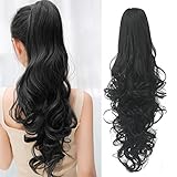Ponytail Hair Extensions Clip in 24 Inch Black Synthetic Claw Clip Pony Tail Hairpieces 120 Grams Long Natural Curly Ponytail Wigs Clip-ins, #1B