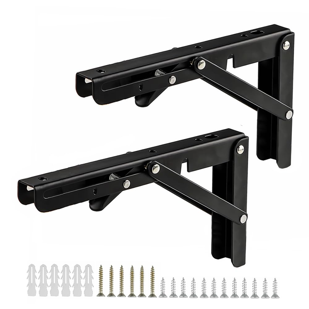 Folding Shelf Brackets 14Inch, 2pcs Heavy Duty Shelves Bracket Wall Foldable Shelf Bracket, Triangle Shelving Brackets with Screws for Work Bench Table, Space-Saving, Load Capacity: 70kg / 154lb