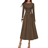 MEROKEETY Women's 2025 Fall Long Sleeve Midi Dress Elegant Boat Neck Ruched Swing Cocktail Party Dresses
