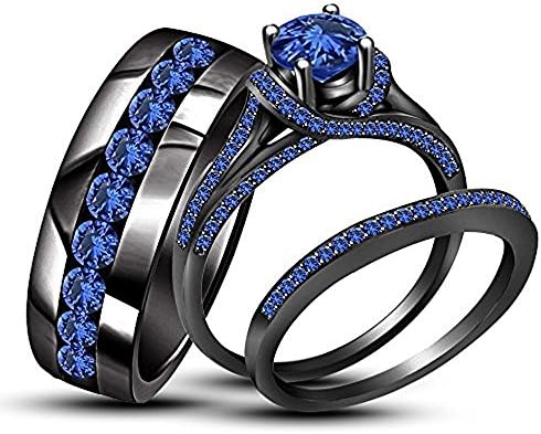 2.25ct Round Blue Sapphire 18K Black Gold FN Alloy His &amp; Her Trio Ring Set