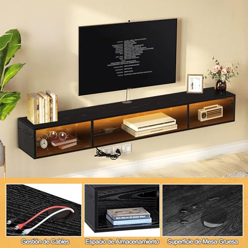 WELIKERA Mueble para TV 70 Pulgadas con Luces RGB, Repisas Flotantes de Pared para TV con Toma de Corriente, Almacenamiento Debajo para Salón, Dormitorio, Negro
