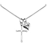 Delicate and Dainty Sterling Silver Cross Necklace with Puffed Heart Charm for Women, 18 inches