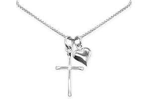 Delicate and Dainty Sterling Silver Cross Necklace with Puffed Heart Charm for Women, 18 inches