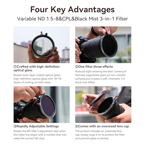 Kase Filtro ND magnético Variable mm + CPL + Niebla Negra 3 en 1, Filtro Compacto de Lente de cámara con Tapa magnética para Vlog Diario, videografía de Viaje, (82mm)