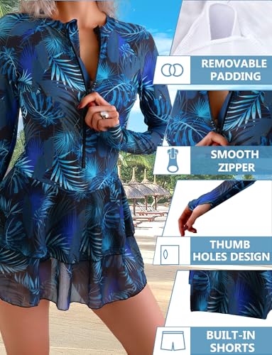 SEAUR Women Long Sleeve One Piece Skirted Swimsuit Zip Up Rash Guard Printed Modest Bathing Suits Ladies Padded Quick Drying Swimming Dress with Built in Shorts