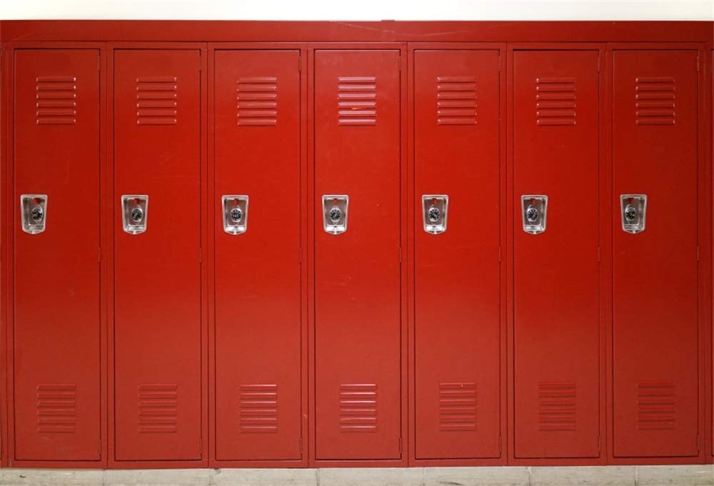 Photo 1 of AOFOTO 7x5ft Gym Red Metal Lockers Backdrop Vinyl High School Safety Locker Room Background for Photography Students Kids Adults Sports Photoshoot Props Vinyl Class Party Decoration Video Drape