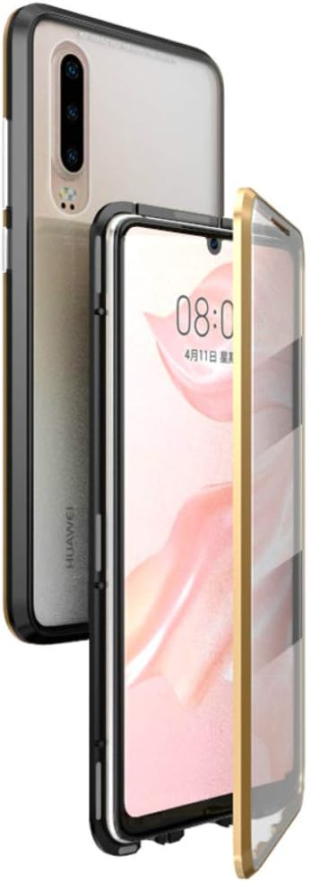 ZAKON for Huawei P30 Case 360° Full Body Cover,[Front and Back of Clear Protective Touchable Strong HD Tempered Glass] with Built-in Screen Protector Magnetic Adsorption Metal Protection Black+Gold