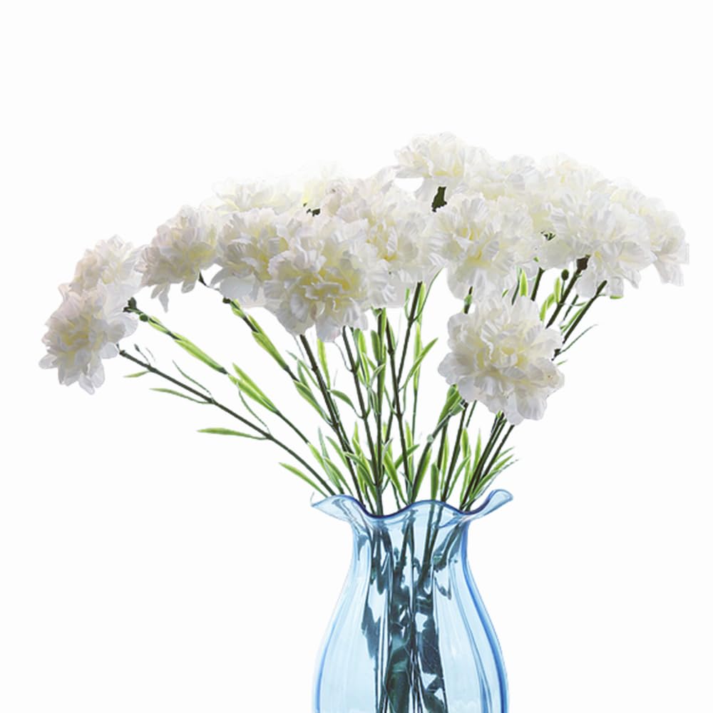 10 Bunches Artificial Silk Flower Carnations,Single Flower Head 20 inch Bouquet and Green Leaf for Photo Props Home Party,Home Decoration Bridal Wedding Holding Flowers Decoration (White)